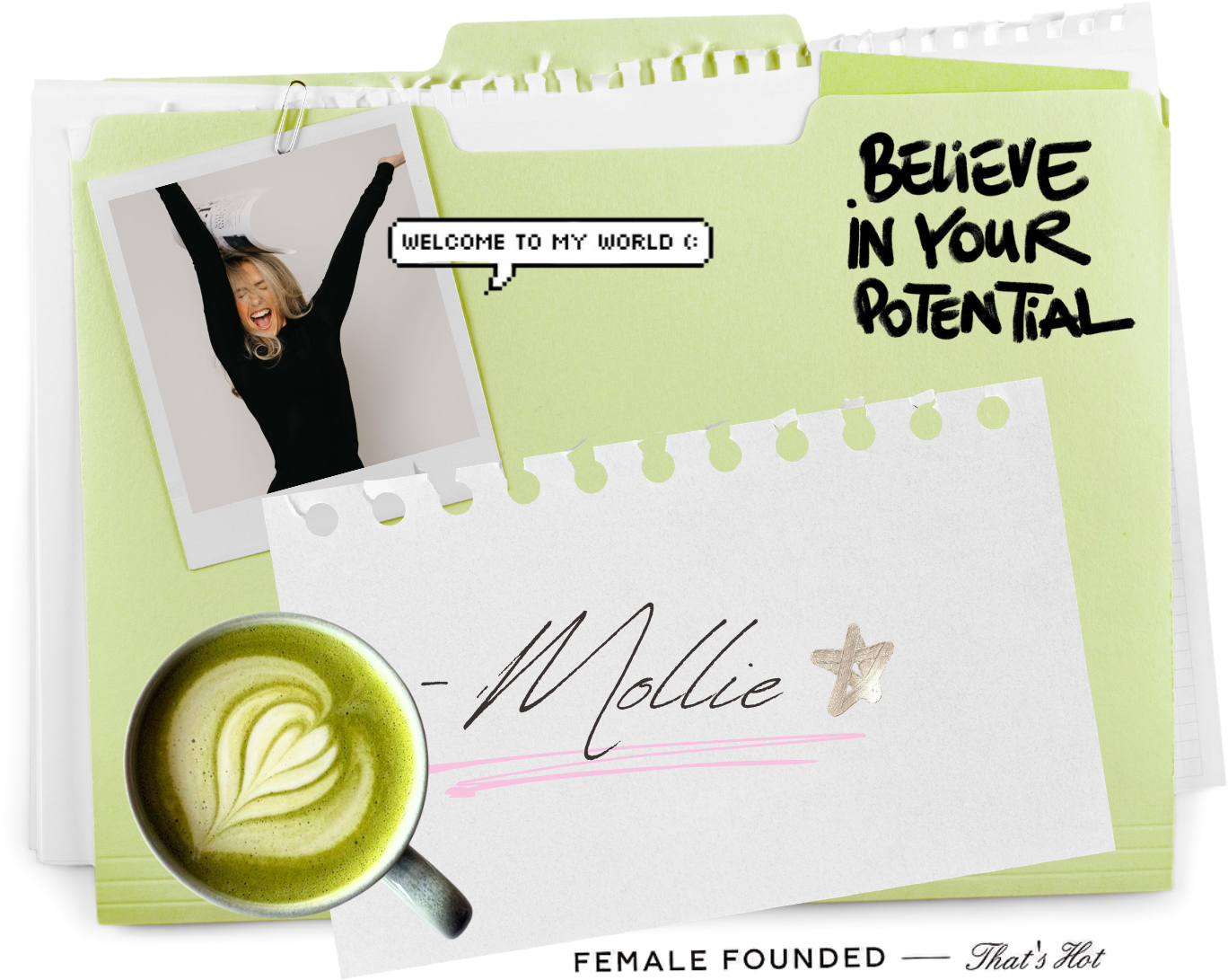 A collage of Mollie's polaroid, a matcha latte and a lime folder reading 'Believe in your potential'