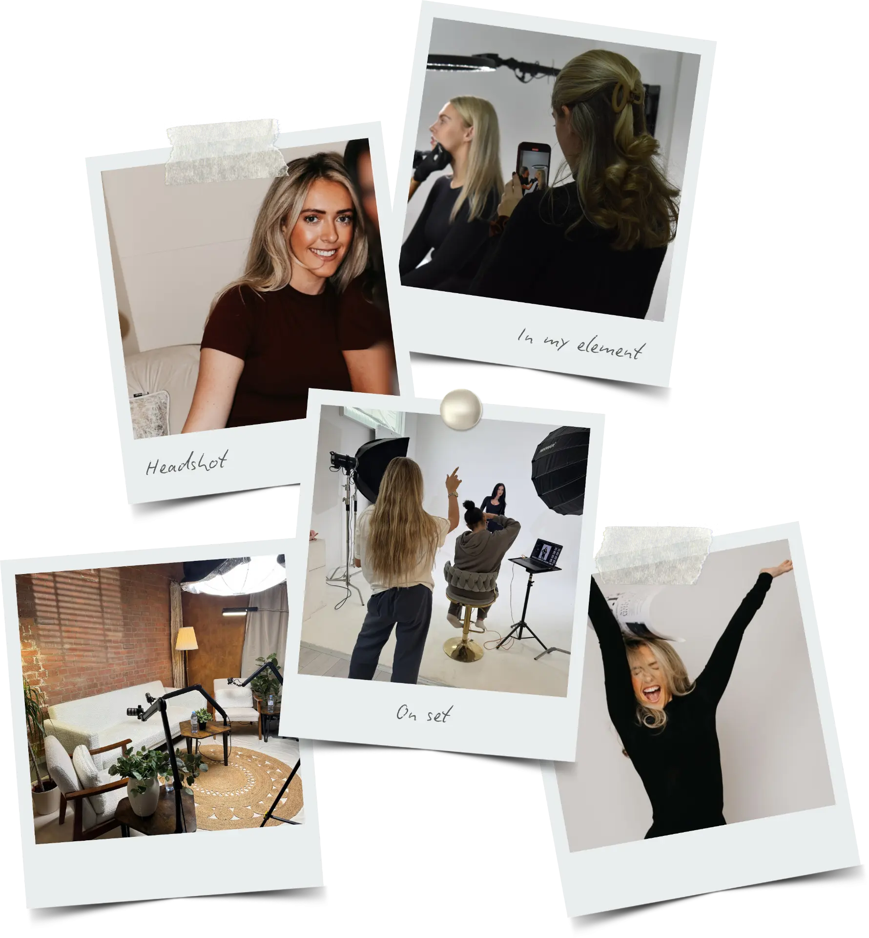 A scrapbook collage of polaroids of Mollie on set, at her desk and in the studio